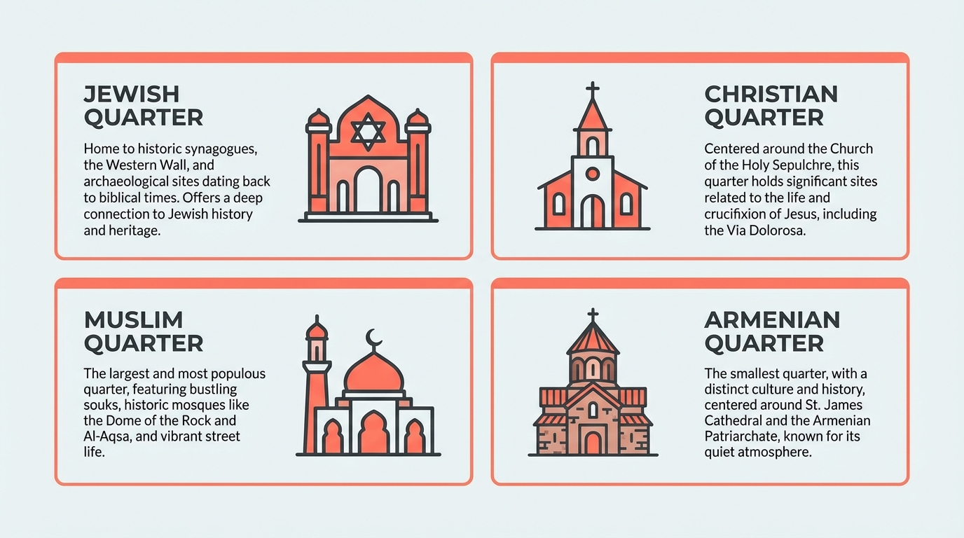 Panoramic view of Jerusalem Old City showing ancient walls, sacred sites, and historic quarters during a guided tour