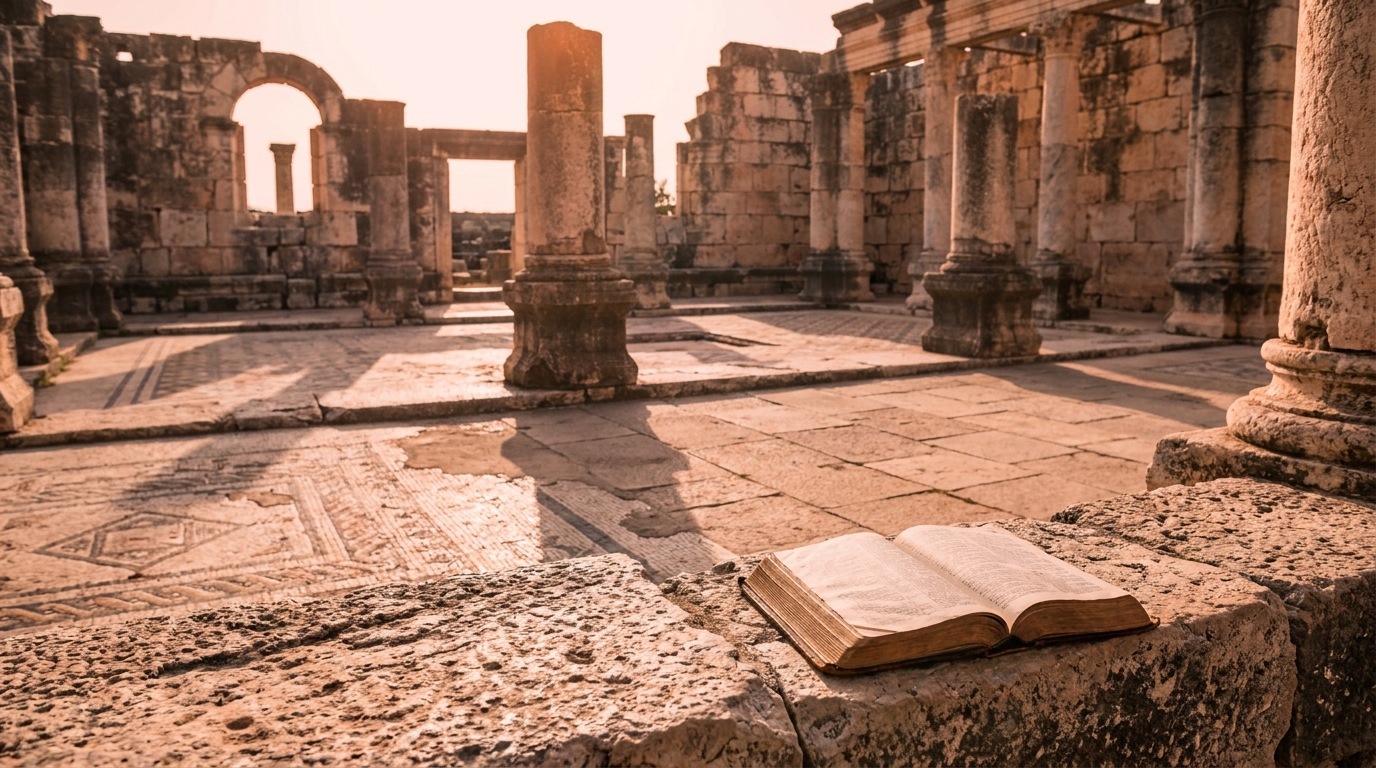 Christian pilgrims reading scripture at a biblical site in Israel, distinct from secular sightseeing groups