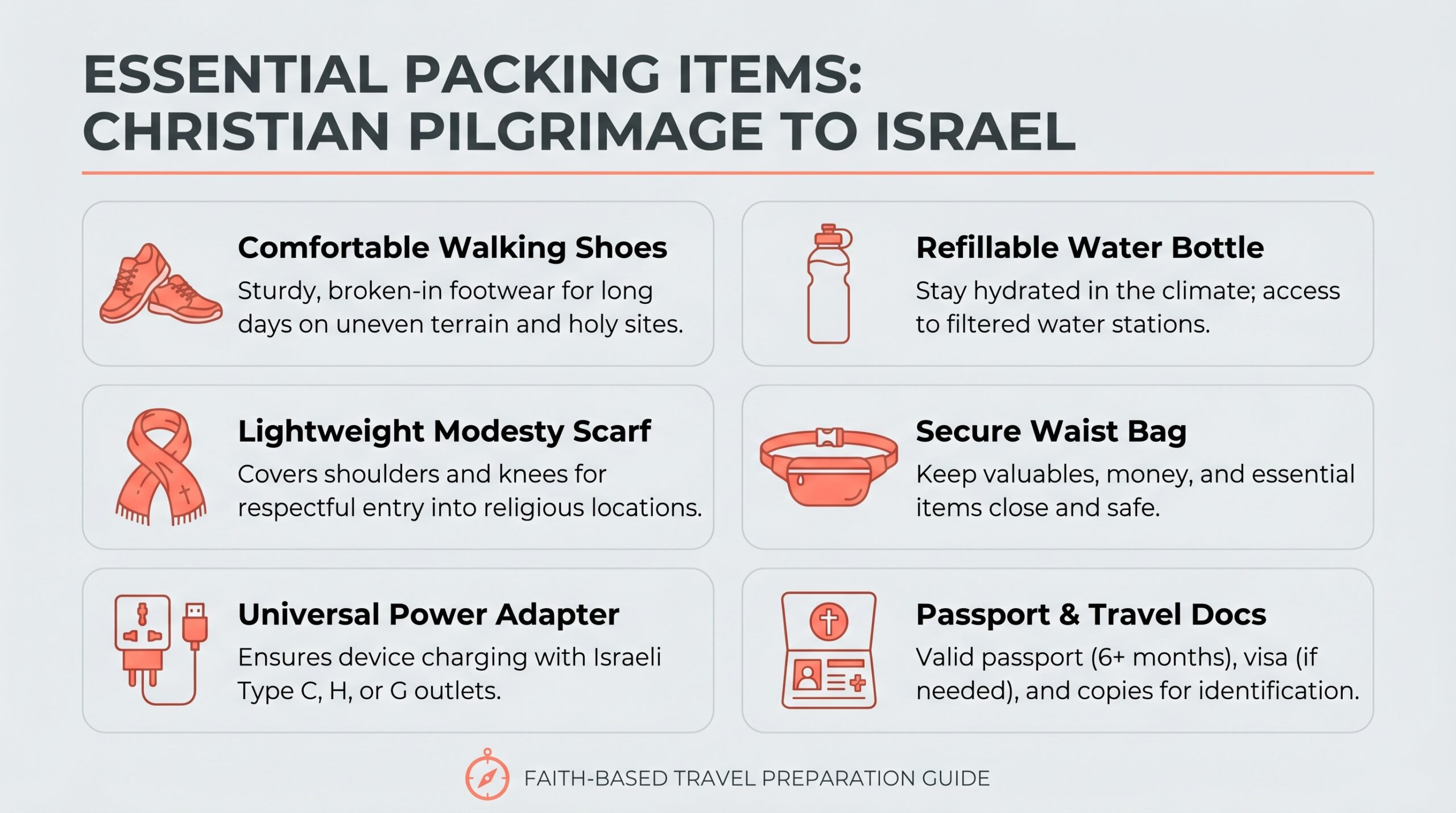 Packing essentials for a Christian pilgrimage to Israel including comfortable walking shoes, modest clothing, and travel adapters
