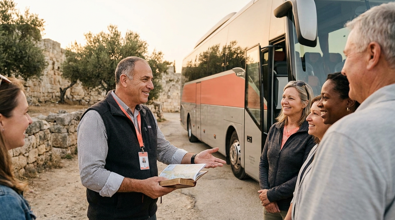 Talya Tours team coordinating logistics for an American Christian pilgrim group at a site in the Holy Land