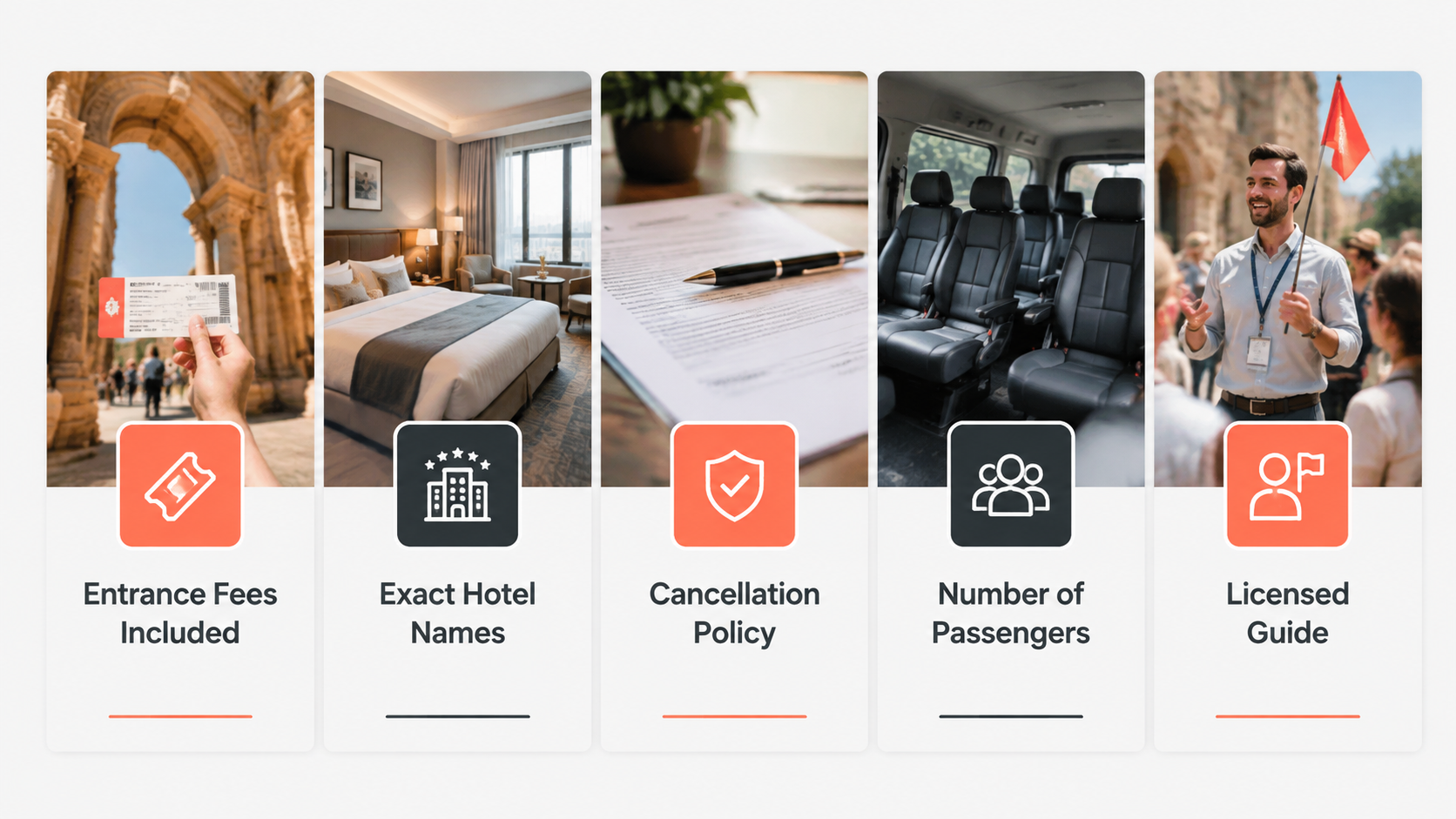 Checklist graphic covering safety, accessibility, price factors, and five questions to ask a tour operator before paying a deposit
