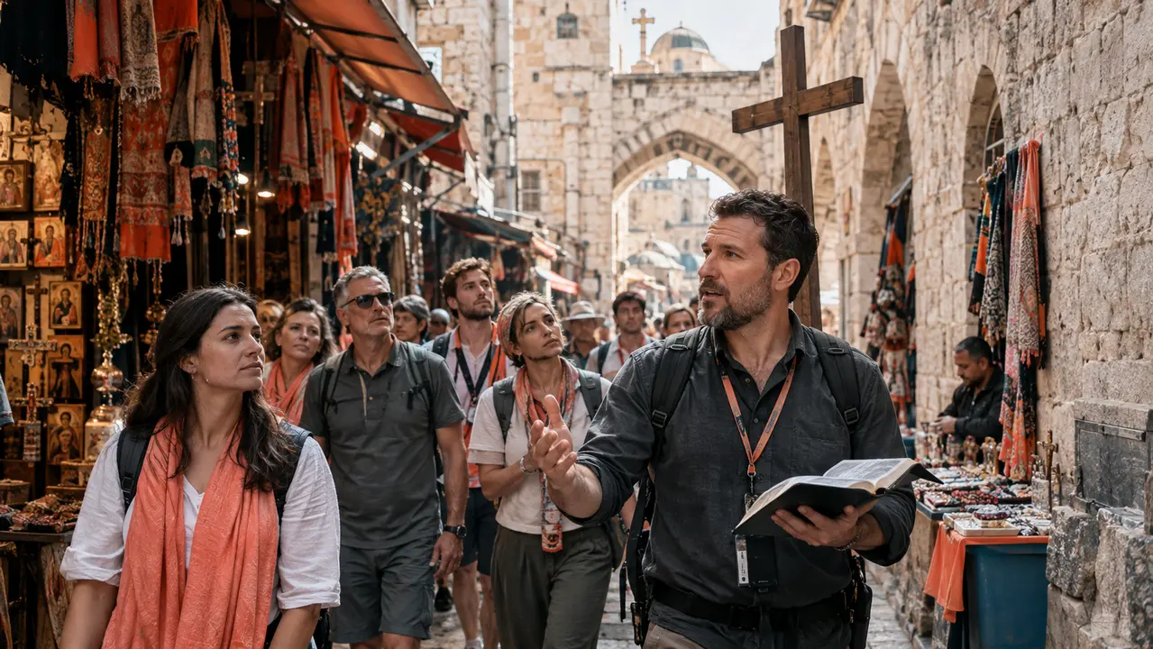 Christian pilgrims walking the Via Dolorosa stations through the Old City of Jerusalem