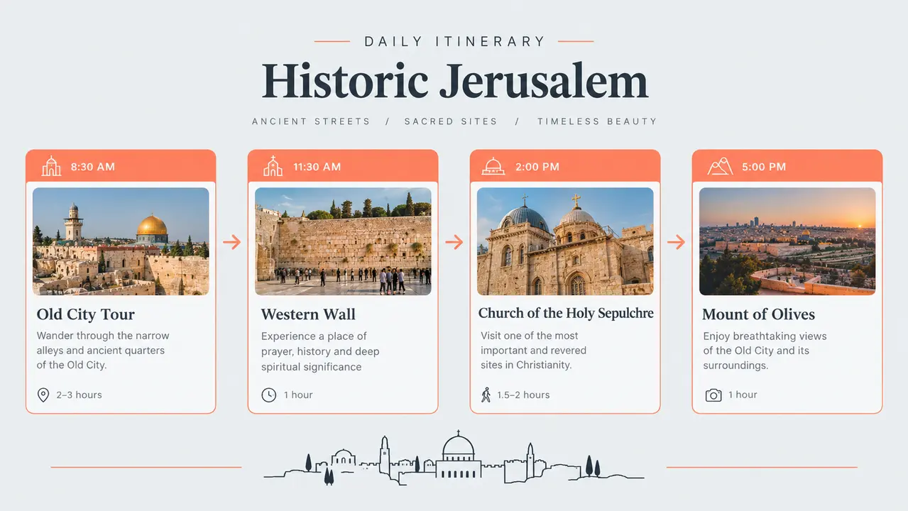 View over Jerusalem showing the City of David, the Old City walls, and Temple Mount sites combined in a single day itinerary
