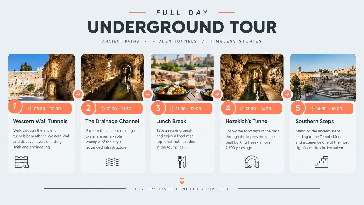 Sample one-day schedule combining Western Wall Tunnels, drainage channel, Hezekiah's Tunnel, and Southern Steps