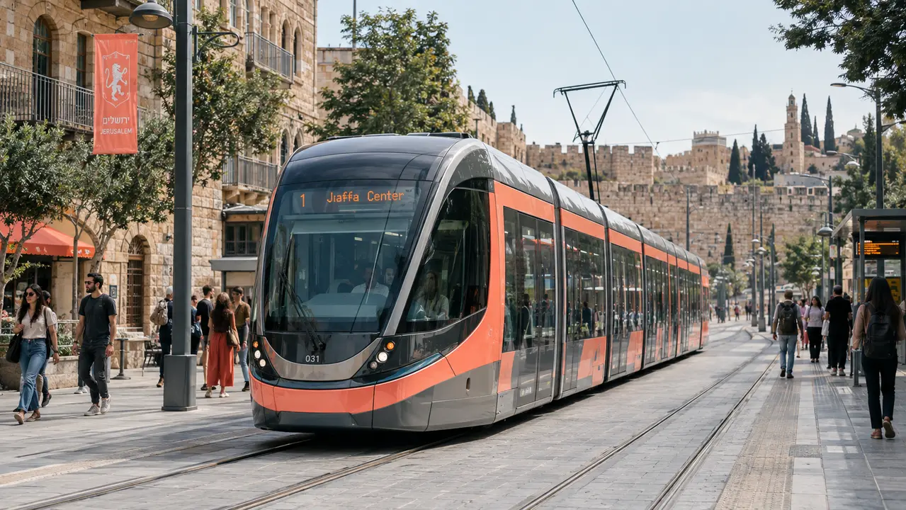 Map and overview of Jerusalem public transportation options, including the light rail red line and key stations across the city