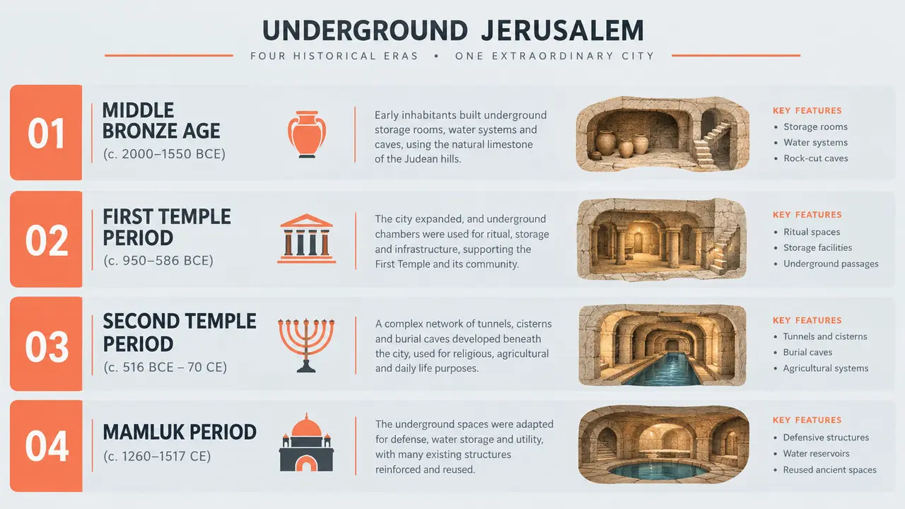 Timeline of historical eras found beneath Jerusalem from the Canaanite period to the Mamluk period